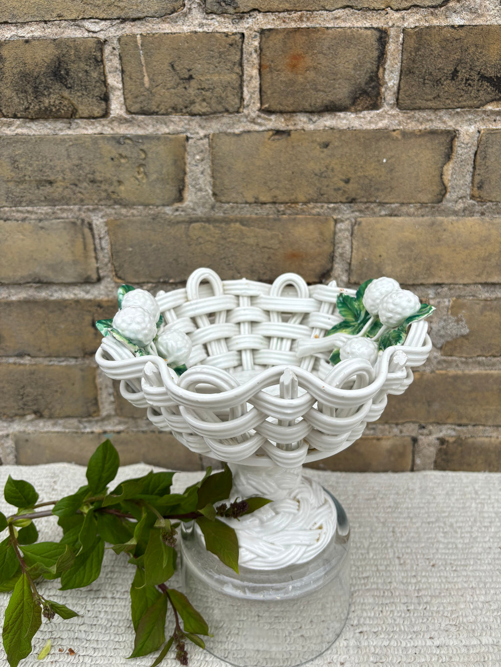 Vintage Ceramic Woven Pedestal Basket