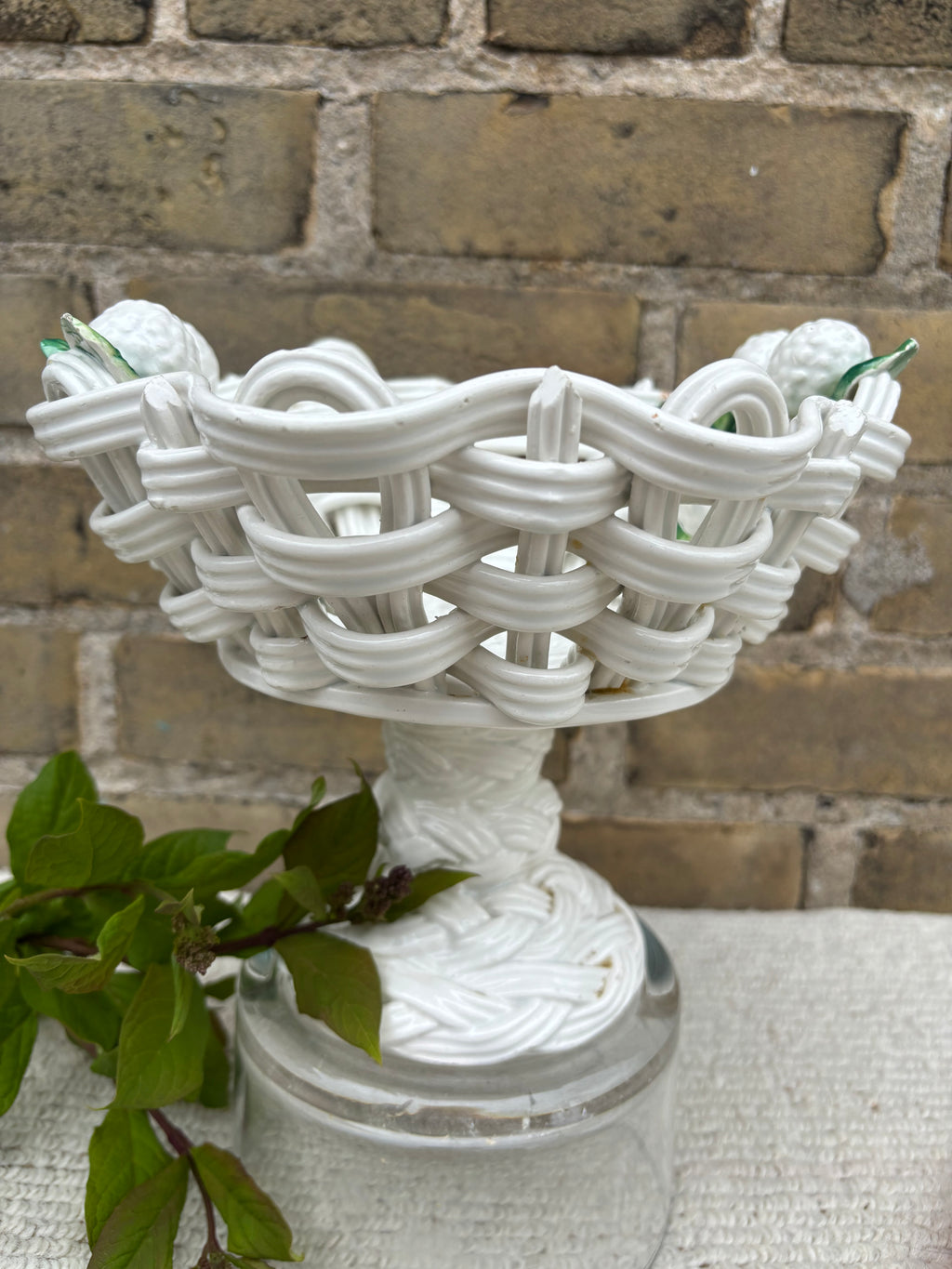 Vintage Ceramic Woven Pedestal Basket