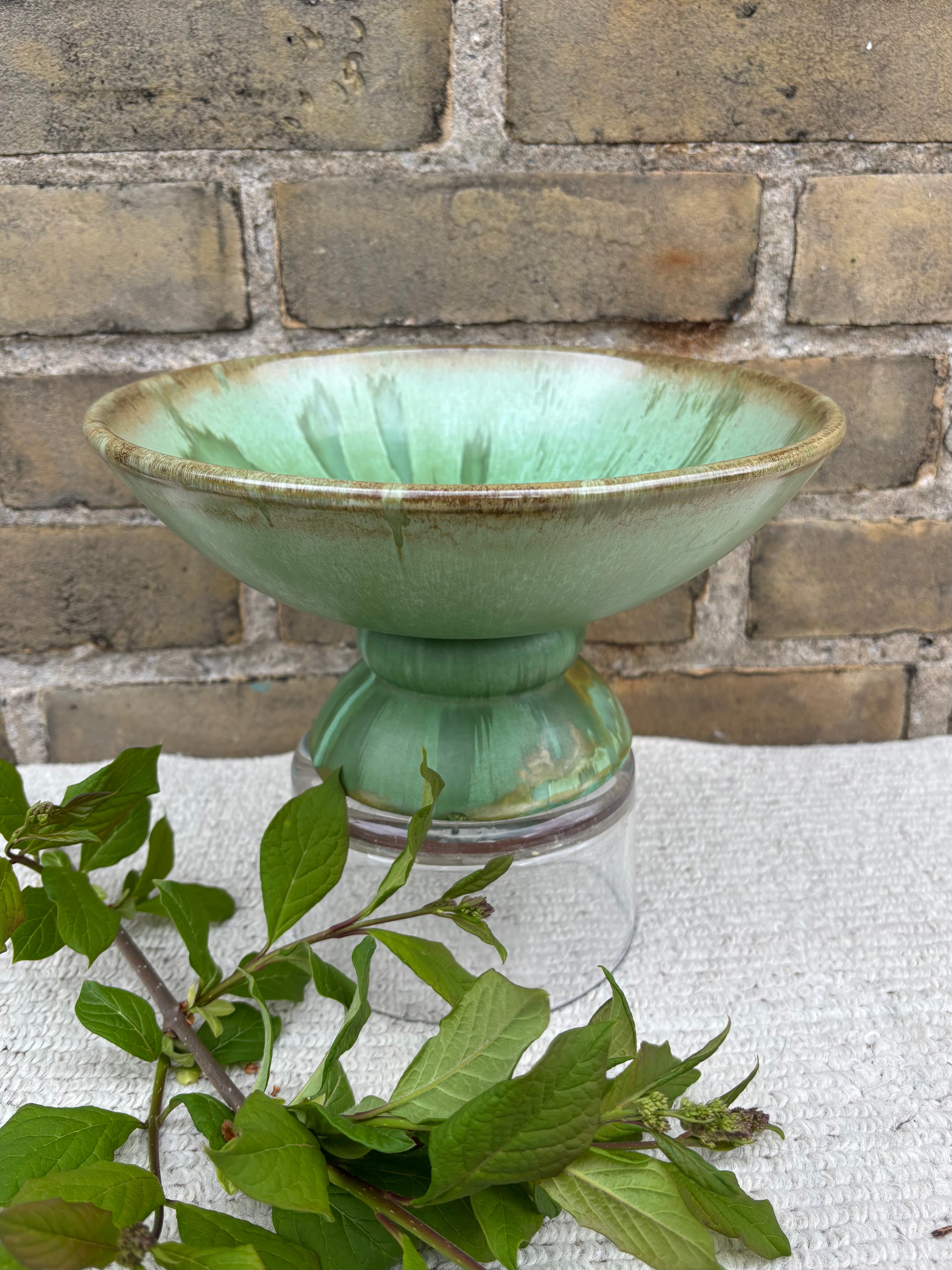 Green Flame Glaze Pedestal Bowl