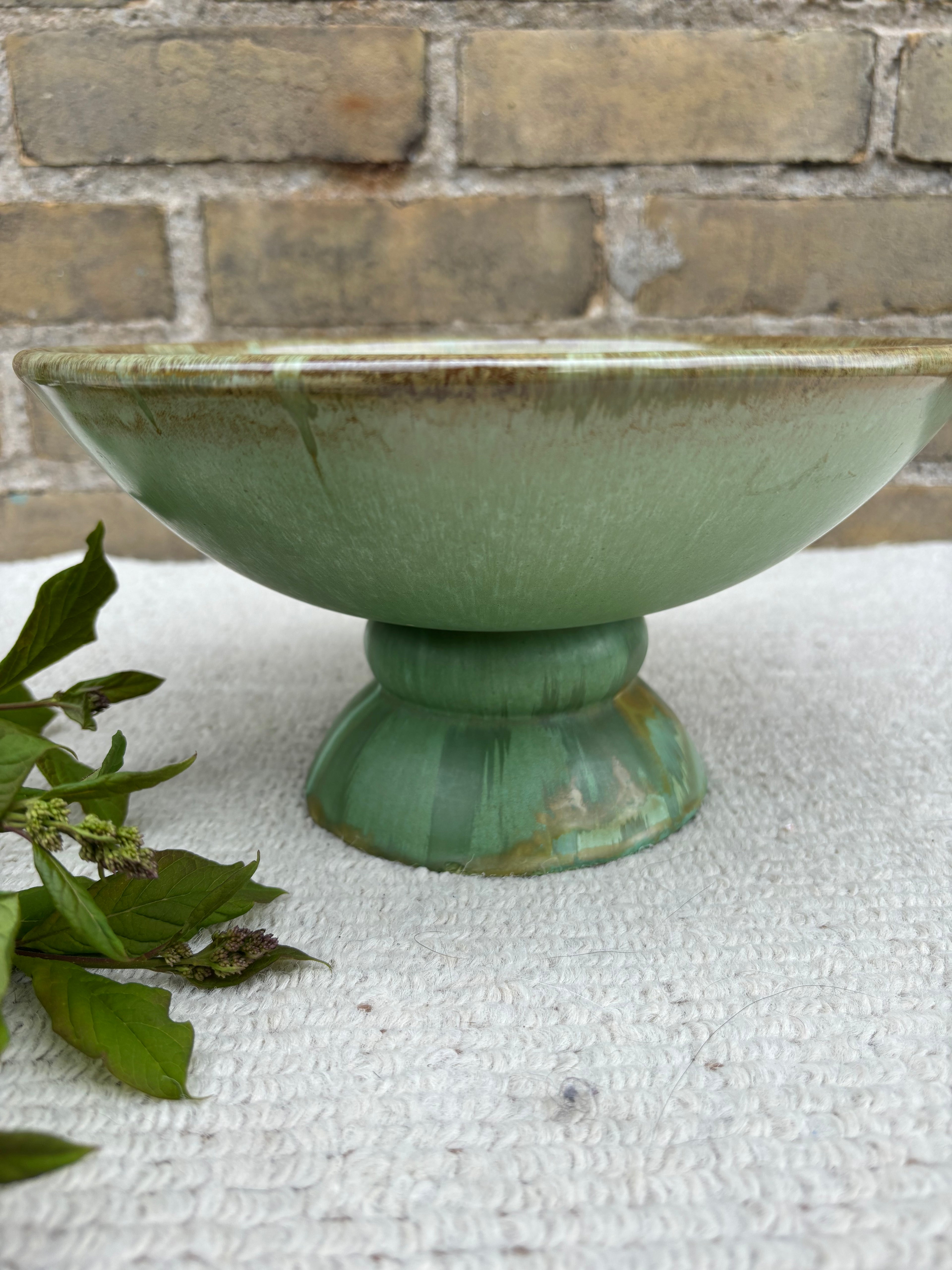 Green Flame Glaze Pedestal Bowl