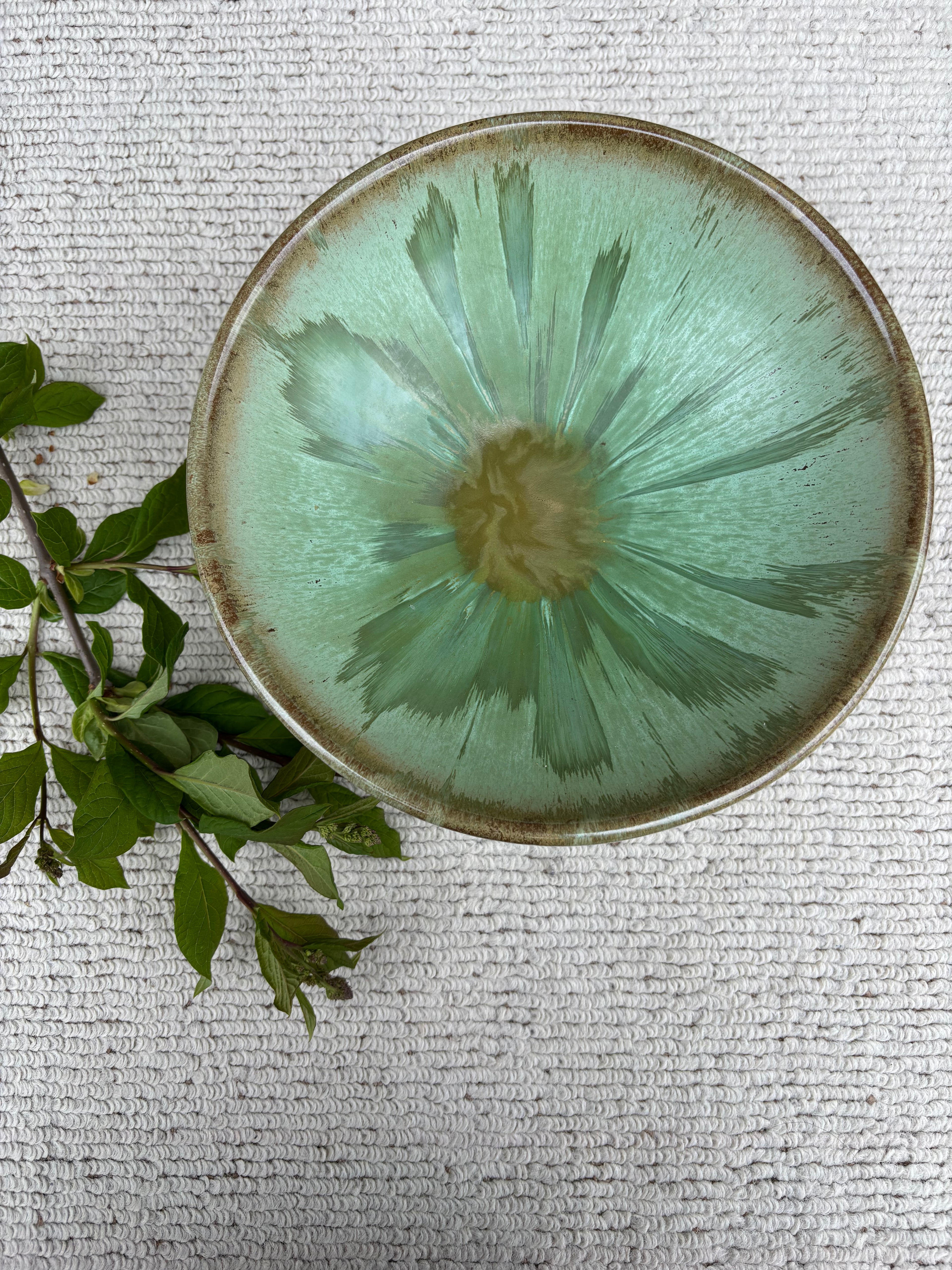 Green Flame Glaze Pedestal Bowl